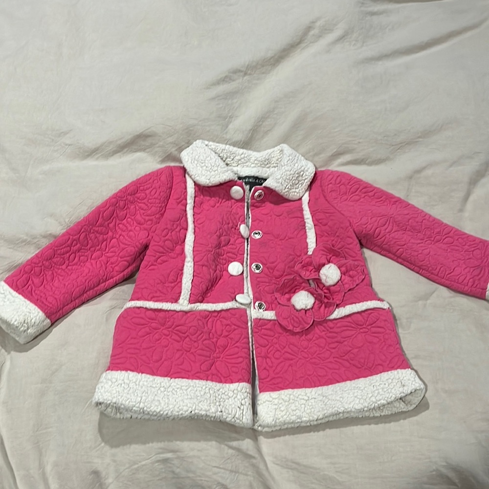Girls coat jacket outerwear, pink with white faux fur trim, size 5, used